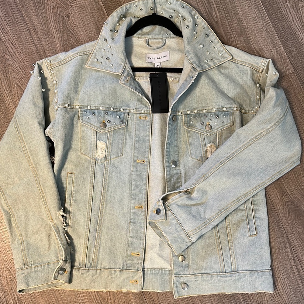 Oversized Jean jacket with pearl embellishments